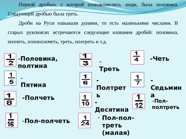 Первой дробью, с которой познакомились люди, была половина. Следующей дробью была треть. Дроби на Руси называли долями, то есть маленькими числами. В старых рукописях встречаются следующие названия дробей: половина, полчеть, полополочеть, треть, полтреть и т.д. - Пол-полчеть Пол-пол-треть (малая)     - Половина, полтина -Четь - Треть - Пятина -Седьмина -Полтреть -Полчеть - Пол-полтреть - Десятина 