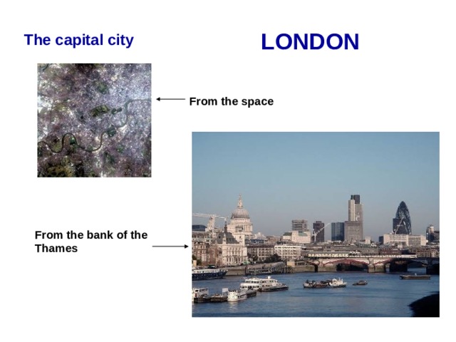 LONDON The capital city From the space From the bank of the Thames  