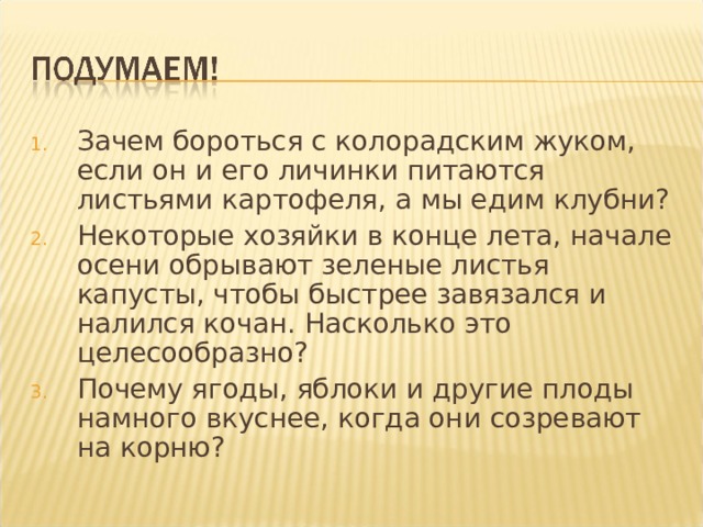 Зачем бороться с колорадским жуком, если он и его личинки питаются листьями картофеля, а мы едим клубни? Некоторые хозяйки в конце лета, начале осени обрывают зеленые листья капусты, чтобы быстрее завязался и налился кочан. Насколько это целесообразно? Почему ягоды, яблоки и другие плоды намного вкуснее, когда они созревают на корню? 