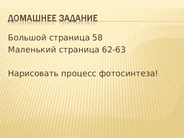 Большой страница 58 Маленький страница 62-63 Нарисовать процесс фотосинтеза! 