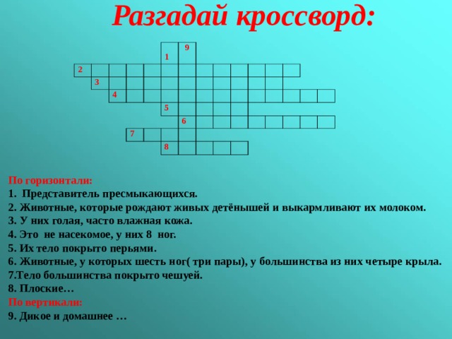 Разгадай кроссворд: 2 3  4 1 9 5 7 6 8 По горизонтали: 1. Представитель пресмыкающихся. 2. Животные, которые рождают живых детёнышей и выкармливают их молоком. 3. У них голая, часто влажная кожа. 4. Это не насекомое, у них 8 ног. 5. Их тело покрыто перьями. 6. Животные, у которых шесть ног( три пары), у большинства из них четыре крыла. 7.Тело большинства покрыто чешуей. 8. Плоские… По вертикали: 9. Дикое и домашнее …  