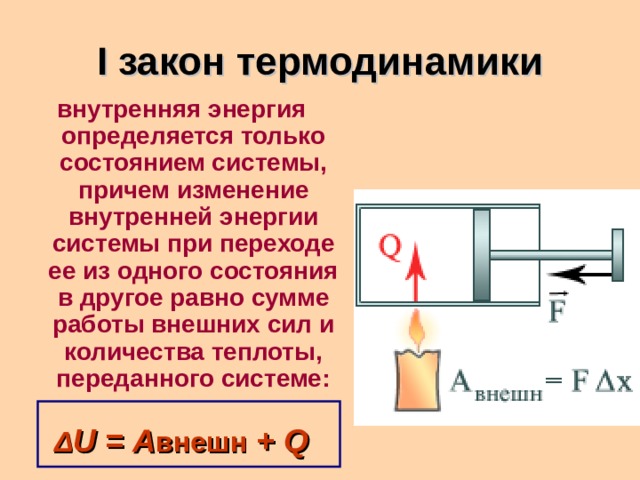 I закон термодинамики внутренняя энергия определяется только состоянием системы, причем изменение внутренней энергии системы при переходе ее из одного состояния в другое равно сумме работы внешних сил и количества теплоты, переданного системе:  Δ U = A внешн + Q 