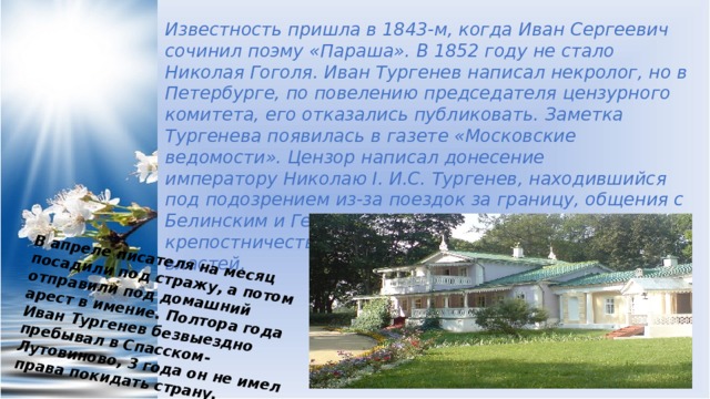 В апреле писателя на месяц посадили под стражу, а потом отправили под домашний арест в имение. Полтора года Иван Тургенев безвыездно пребывал в Спасском-Лутовиново, 3 года он не имел права покидать страну. Известность пришла в 1843-м, когда Иван Сергеевич сочинил поэму «Параша». В 1852 году не стало Николая Гоголя. Иван Тургенев написал некролог, но в Петербурге, по повелению председателя цензурного комитета, его отказались публиковать. Заметка Тургенева появилась в газете «Московские ведомости». Цензор написал донесение императору Николаю I. И.С. Тургенев, находившийся под подозрением из-за поездок за границу, общения с Белинским и Герценом, радикальных взглядов на крепостничество, навлек на себя еще больший гнев властей. 
