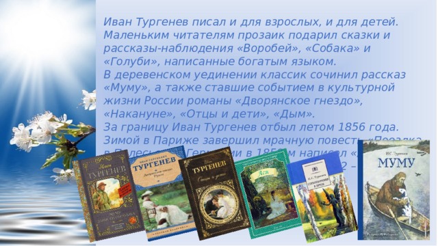 Иван Тургенев писал и для взрослых, и для детей. Маленьким читателям прозаик подарил сказки и рассказы-наблюдения «Воробей», «Собака» и «Голуби», написанные богатым языком.  В деревенском уединении классик сочинил рассказ «Муму», а также ставшие событием в культурной жизни России романы «Дворянское гнездо», «Накануне», «Отцы и дети», «Дым».  За границу Иван Тургенев отбыл летом 1856 года. Зимой в Париже завершил мрачную повесть «Поездка в Полесье». В Германии в 1858-м написал «Асю», в1860 появилась «Первая любовь», в1872 – «Вешние воды».   