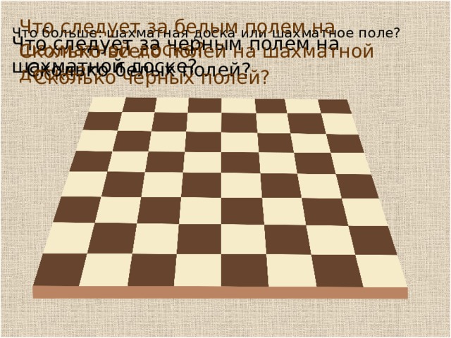 Что больше: шахматная доска или шахматное поле?   Что следует за белым полем на шахматной доске?   Что следует за черным полем на шахматной доске?   Сколько всего полей на шахматной доске?   Сколько белых полей?   Сколько черных полей?   