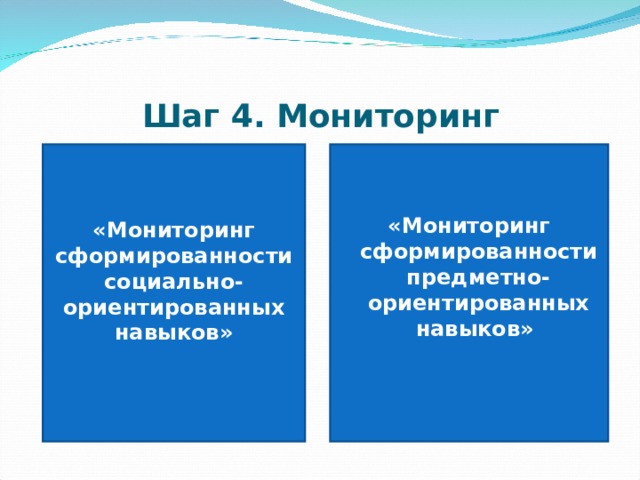 Шаг 4. Мониторинг «Мониторинг сформированности социально-ориентированных навыков» «Мониторинг сформированности социально-ориентированных навыков»  «Мониторинг сформированности предметно-ориентированных навыков» «Мониторинг сформированности предметно-ориентированных навыков»  