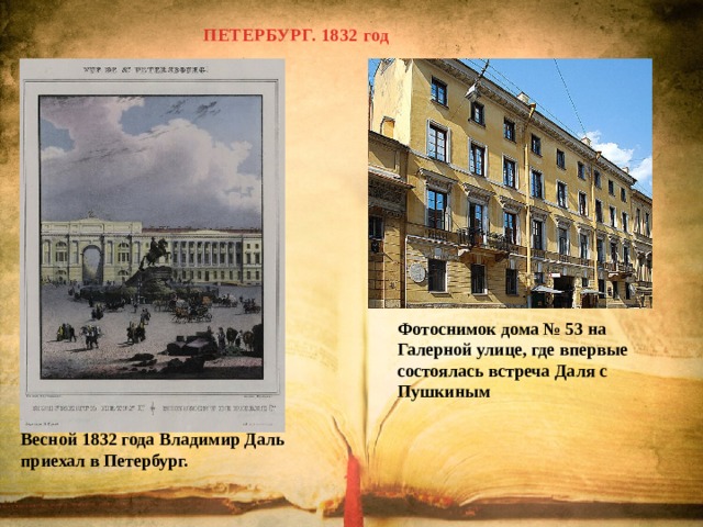 ПЕТЕРБУРГ. 1832 год Фотоснимок дома № 53 на Галерной улице, где впервые состоялась встреча Даля с Пушкиным Весной 1832 года Владимир Даль приехал в Петербург. 