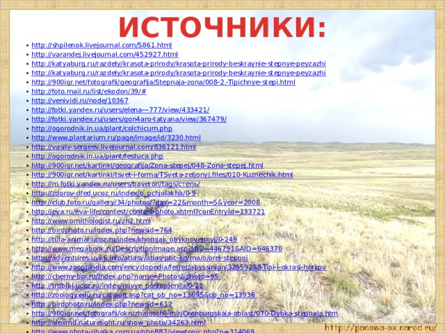 ИСТОЧНИКИ: http://shpilenok.livejournal.com/5861.html http://varandej.livejournal.com/452927.html http://katyaburg.ru/razdely/krasota-prirody/krasota-prirody-beskraynie-stepnye-peyzazhi http://katyaburg.ru/razdely/krasota-prirody/krasota-prirody-beskraynie-stepnye-peyzazhi http://900igr.net/fotografii/geografija/Stepnaja-zona/008-2.-Tipichnye-stepi.html http://foto.mail.ru/list/ekodon/39/# http://venividi.ru/node/10367 http://fotki.yandex.ru/users/elena---777/view/433421/ http://fotki.yandex.ru/users/gon4aro-tatyana/view/367479/ http://ogorodnik.in.ua/plant/colchicum.php http://www.plantarium.ru/page/image/id/3230.html http://vasily-sergeev.livejournal.com/836121.html http://ogorodnik.in.ua/plant/festuca.php http://900igr.net/kartinki/geografija/Zona-stepej/048-Zona-stepej.html http://900igr.net/kartinki/tsvet-i-forma/TSveta-zeljonyj.files/010-Kuznechik.html http://m.fotki.yandex.ru/users/baveron/tags/степь/ http://zdorov-dfed.ucoz.ru/index/o_pchjolakha/0-9 http://club.foto.ru/gallery/34/photos/?day=22&month=5&year=2008 http://eva.ru/eva-life/contest/contest-photo.xhtml?conEntryId=133721 http://www.ornithologist.ru/zh2.html http://birdphoto.ru/index.php?newsid=764 http://tula-animal.ucoz.ru/index/khomjak_obyknovennyj/0-249 http://www.megabook.ru/DescriptionImage.asp?MID=446791&AID=646370 http://adventures.uvk6.info/atlasy/atlas-ptic-kryma/o/orel-stepnoj http://www.zooplandia.com/encyclopedia/ferret/abyssinian/32959258-Tipi-i-okrasi-horkov http://cherny-bor.ru/index.php?name=Photos&photo=95 http://trdbibl.ucoz.ru/index/novye_postuplenija/0-21 http://zoology.edu.ru/catalog.asp?cat_ob_no=13695&ob_no=13936 http://birdphoto.ru/index.php?newsid=612 http://900igr.net/fotografii/okruzhajuschij-mir/Orenburgskaja-oblast/070-Dybka-stepnaja.htm http://alexrnd.naturelight.ru/show_photo/34263.html http://www.ohota-ribalka.com.ua/phpBB2/viewtopic.php?p=314069 