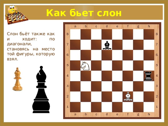 Как бьет слон Слон бьёт также как и ходит: по диагонали, становясь на место той фигуры, которую взял. 