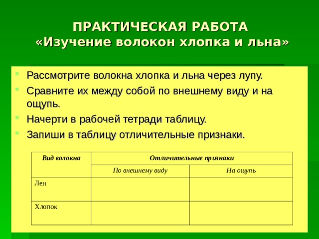 ПРАКТИЧЕСКАЯ РАБОТА  «Изучение волокон хлопка и льна» Рассмотрите волокна хлопка и льна через лупу. Сравните их между собой по внешнему виду и на ощупь. Начерти в рабочей тетради таблицу. Запиши в таблицу отличительные признаки. Вид волокна Отличительные признаки По внешнему виду Лен На ощупь Хлопок 