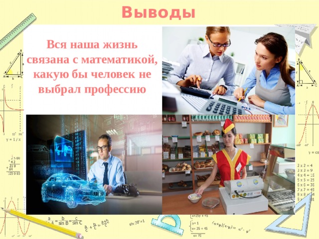 Выводы Вся наша жизнь связана с математикой, какую бы человек не выбрал профессию 