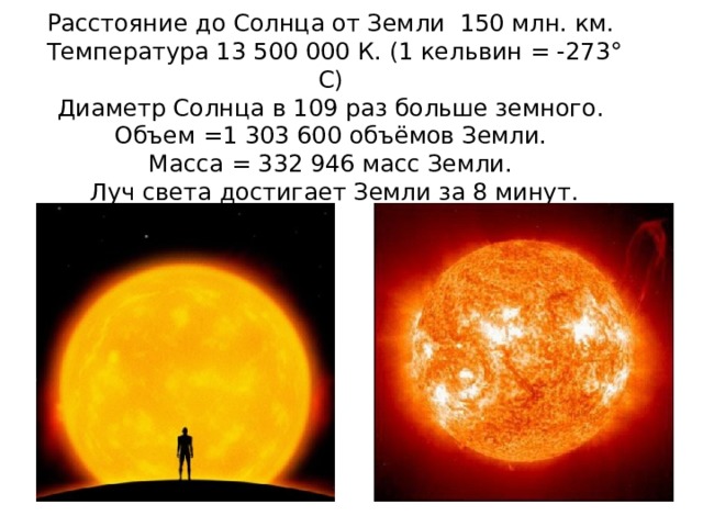 Расстояние до Солнца от Земли 150 млн. км.  Температура 13 500 000 К. (1 кельвин = -273° С)  Диаметр Солнца в 109 раз больше земного.  Объем =1 303 600 объёмов Земли.  Масса = 332 946 масс Земли.  Луч света достигает Земли за 8 минут. 