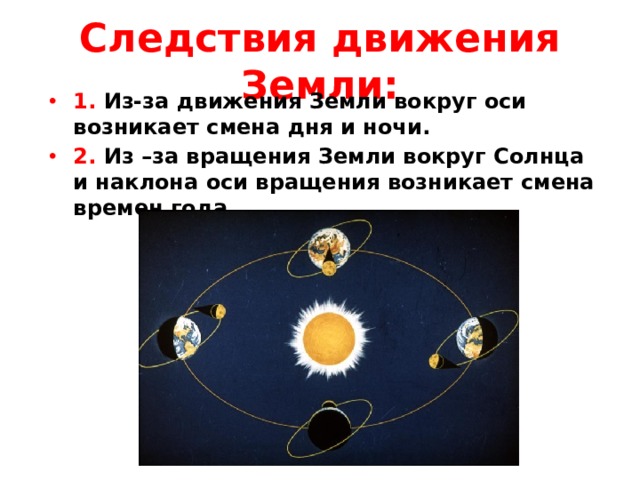 Следствия движения Земли: 1. Из-за движения Земли вокруг оси возникает смена дня и ночи. 2. Из –за вращения Земли вокруг Солнца и наклона оси вращения возникает смена времен года. 