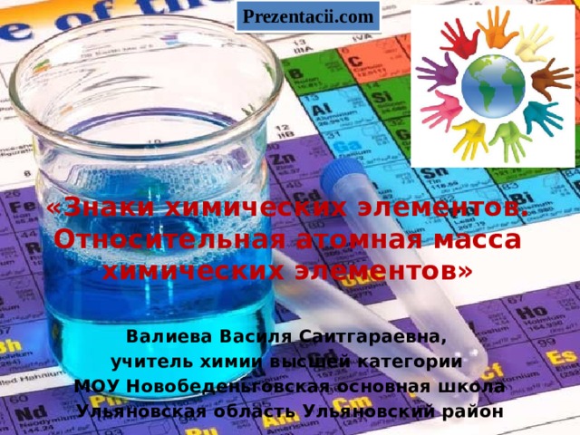 Prezentacii.com «Знаки химических элементов. Относительная атомная масса химических элементов» Валиева Василя Саитгараевна, учитель химии высшей категории МОУ Новобеденьговская основная школа Ульяновская область Ульяновский район 