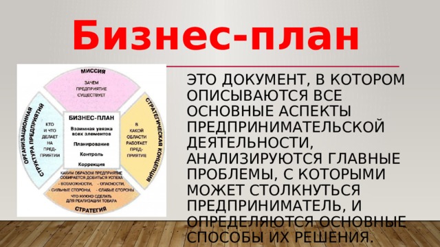 Бизнес-план это документ, в котором описываются все основные аспекты предпринимательской деятельности, анализируются главные проблемы, с которыми может столкнуться предприниматель, и определяются основные способы их решения. 