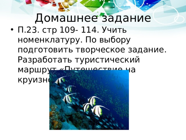 Домашнее задание П.23. стр 109- 114. Учить номенклатуру. По выбору подготовить творческое задание. Разработать туристический маршрут «Путешествие на круизном лайнере» 