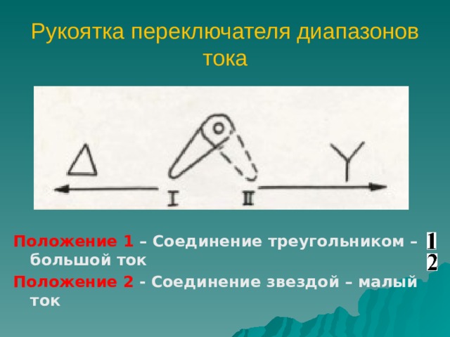 Рукоятка переключателя диапазонов тока Положение 1 – Соединение треугольником – большой ток Положение 2 - Соединение звездой – малый ток  