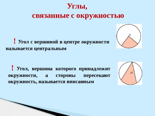 Углы, связанные с окружностью  ! Угол с вершиной в центре окружности называется центральным   !  Угол, вершина которого принадлежит окружности, а стороны пересекают окружность, называется вписанным В режиме слайдов ответы появляются после кликанья мышкой   