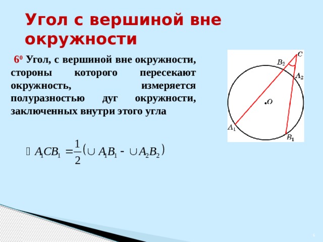 Угол с вершиной вне окружности  6 0  Угол, с вершиной вне окружности, стороны которого пересекают окружность, измеряется полуразностью дуг окружности, заключенных внутри этого угла В режиме слайдов ответы появляются после кликанья мышкой   