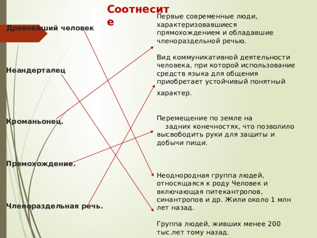 Соотнесите Первые современные люди, характеризовавшиеся прямохождением и обладавшие членораздельной речью. Вид коммуникативной деятельности человека, при которой использование средств языка для общения приобретает устойчивый понятный характер.    Перемещение по земле на  задних конечностях, что позволило высвободить руки для защиты и добычи пищи.   Неоднородная группа людей, относящаяся к роду Человек и включающая питекантропов, синантропов и др. Жили около 1 млн лет назад. Группа людей, живших менее 200 тыс.лет тому назад. Древнейший человек      Неандерталец       Кроманьонец.       Прямохождение.      Членораздельная речь. 