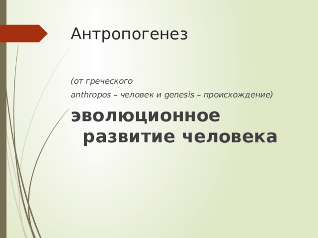 Антропогенез (от греческого anthropos – человек и genesis – происхождение) эволюционное развитие человека 
