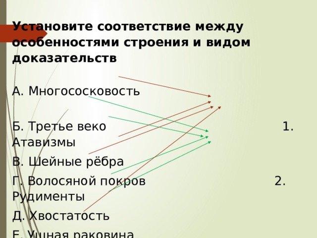 Установите соответствие между особенностями строения и видом доказательств А. Многососковость Б. Третье веко 1. Атавизмы В. Шейные рёбра Г. Волосяной покров 2. Рудименты Д. Хвостатость Е. Ушная раковина Ж. Зубы мудрости З. Аппендикс 