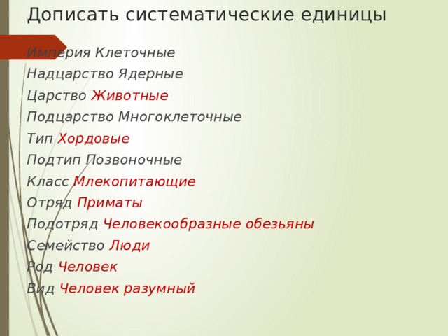 Дописать систематические единицы Империя Клеточные Надцарство Ядерные Царство Животные Подцарство Многоклеточные Тип Хордовые Подтип Позвоночные Класс Млекопитающие Отряд Приматы Подотряд Человекообразные обезьяны Семейство Люди Род Человек Вид Человек разумный 