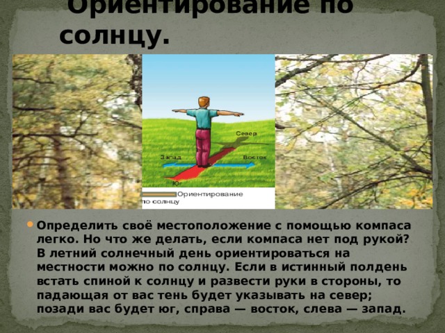   Ориентирование по солнцу. Определить своё местоположение с помощью компаса легко. Но что же делать, если компаса нет под рукой? В летний солнечный день ориентироваться на местности можно по солнцу. Если в истинный полдень встать спиной к солнцу и развести руки в стороны, то падающая от вас тень будет указывать на север; позади вас будет юг, справа — восток, слева — запад. 