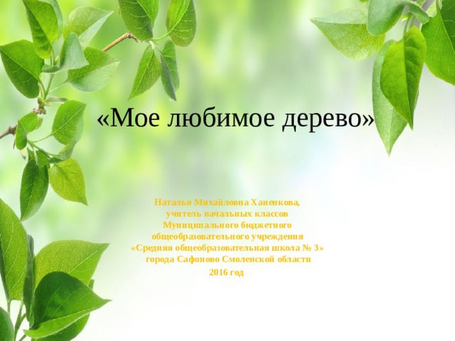 «Мое любимое дерево» Наталья Михайловна Ханенкова,  учитель начальных классов  Муниципального бюджетного  общеобразовательного учреждения  «Средняя общеобразовательная школа № 3»  города Сафоново Смоленской области 2016 год 