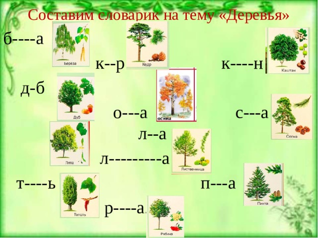 Составим словарик на тему «Деревья» б----а  к--р к----н  д-б  о---а с---а л--а  л---------а  т----ь п---а  р----а. 