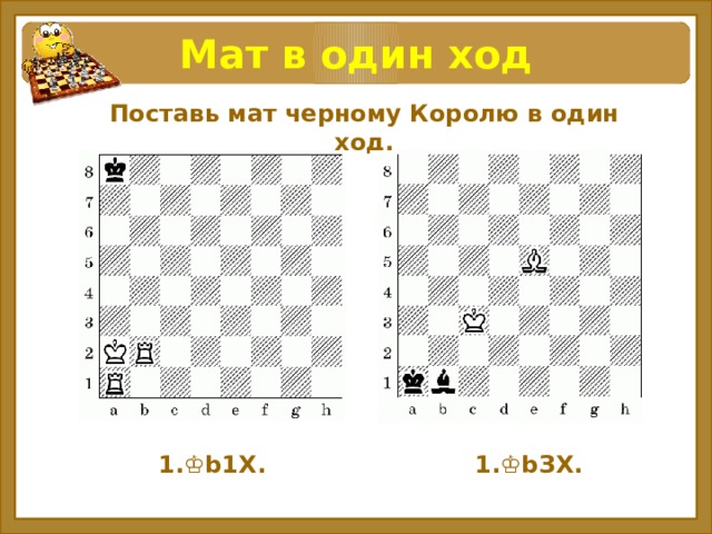 Мат в один ход Поставь мат черному Королю в один ход. 1.♔b1Х. 1.♔bЗХ.