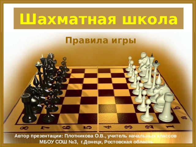 Шахматная школа Правила игры Автор презентации: Плотникова О.В., учитель начальных классов  МБОУ СОШ №3, г.Донецк, Ростовская область