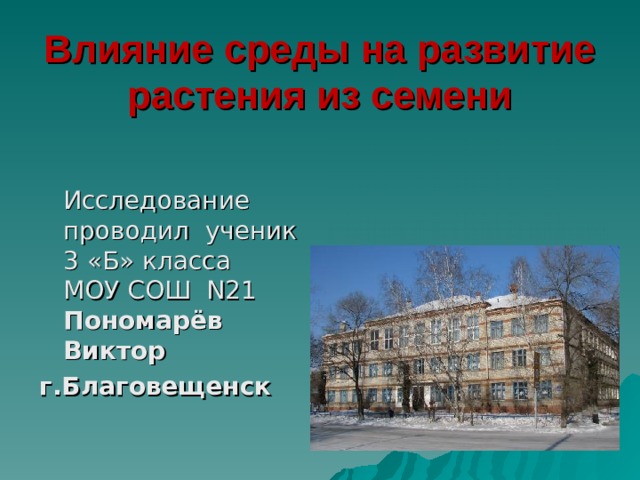 Влияние среды на развитие растения из семени  Исследование проводил ученик 3 «Б» класса  МОУ СОШ N 21 Пономарёв  Виктор г.Благовещенск