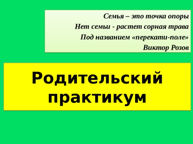 Семья – это точка опоры Нет семьи - растет сорная трава Под названием «перекати-поле» Виктор Розов Родительский практикум