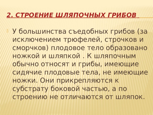 2. Строение шляпочных грибов  У большинства съедобных грибов (за исключением трюфелей, строчков и сморчков) плодовое тело образовано ножкой и шляпкой . К шляпочным обычно относят и грибы, имеющие сидячие плодовые тела, не имеющие ножки. Они прикрепляются к субстрату боковой частью, а по строению не отличаются от шляпок. 
