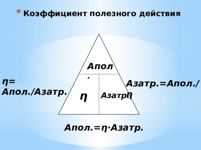 Коэффициент полезного действия Апол . η= Апол./Азатр. Азатр.=Апол./η η Азатр. Апол.=η∙Азатр. 
