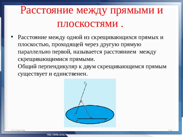 Расстояние между прямыми и плоскостями .   Расстояние между одной из скрещивающихся прямых и плоскостью, проходящей через другую прямую параллельно первой, называется расстоянием между скрещивающимися прямыми.  Общий перпендикуляр к двум скрещивающимся прямым существует и единственен. 11/14/19  