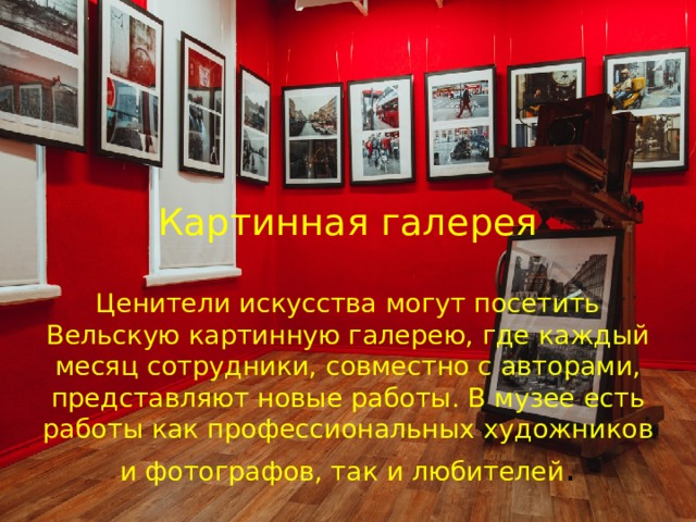 Картинная галерея    Ценители искусства могут посетить Вельскую картинную галерею, где каждый месяц сотрудники, совместно с авторами, представляют новые работы. В музее есть работы как профессиональных художников и фотографов, так и любителей . 