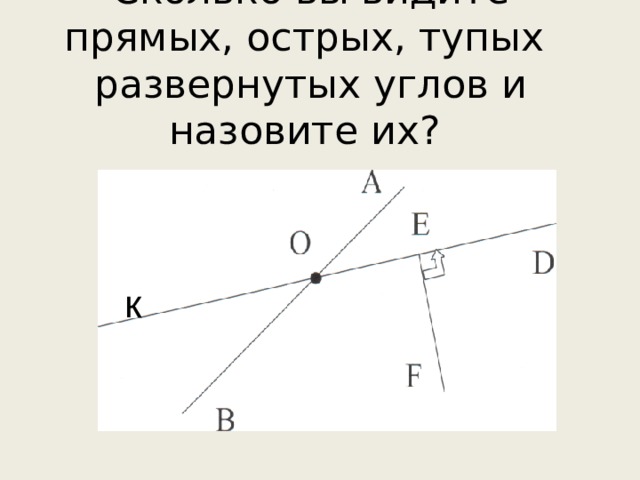 Сколько вы видите прямых, острых, тупых развернутых углов и назовите их? к 