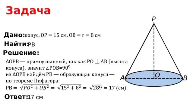 Задача P Дано: Найти: PB Решение: O A B Ответ : 17 см 