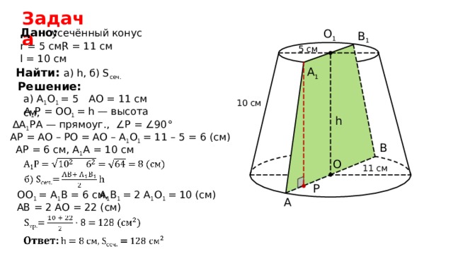 Задача Дано: усечённый конус O 1 B 1 R = 11 см r = 5 см, 5 см l = 10 см A 1 Найти:  а) h, б) S сеч. Решение: а) А 1 О 1 = 5 см, АО = 11 см 10 см А 1 P = ОО 1 = h — высота h ΔА 1 P А — прямоуг., ∠ P  = ∠90° А P = АО – P О = АО – А 1 О 1 = 11 – 5 = 6 (см) B А P = 6 см, А 1 А = 10 см O 11 см P ОО 1 = А 1 В  =  6 см , А 1 В 1  = 2  А 1 О 1  =  10 (см) A АВ  = 2 АО  = 22 ( см ) 