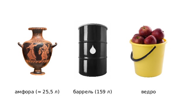 амфора (≈ 25,5 л) баррель (159 л) ведро 