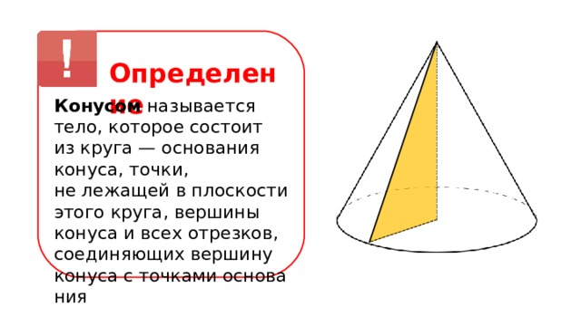 Определение Конусом называется тело, которое состоит из круга — основания конуса, точки, не лежащей в плоскости этого круга, вершины конуса и всех отрезков, соединяющих вершину конуса с точками основа­ния 