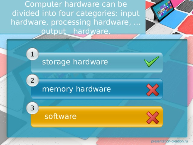 Computer hardware can be divided into four categories: input hardware, processing hardware, …output   hardware.        1 storage hardware       2 memory hardware      3   software 