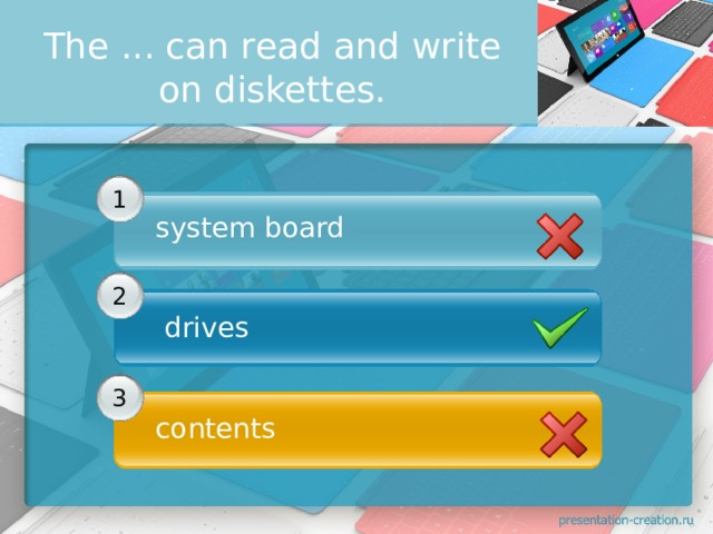 Тhе ... can rеad and write on diskettes. 1 system board    2   drives    3 contents 