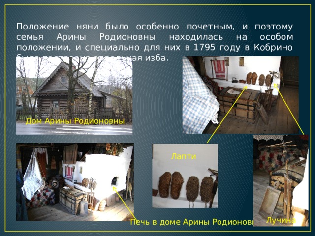 Положение няни было особенно почетным, и поэтому семья Арины Родионовны находилась на особом положении, и специально для них в 1795 году в Кобрино была построена отдельная изба. Дом Арины Родионовны Лапти Лучина Печь в доме Арины Родионовны 