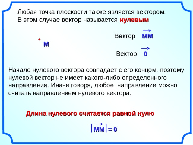  Любая точка плоскости также является вектором.  В этом случае вектор называется нулевым MM Вектор M 0 Вектор Начало нулевого вектора совпадает с его концом, поэтому нулевой вектор не имеет какого-либо определенного направления. Иначе говоря, любое направление можно считать направлением нулевого вектора. Длина нулевого считается равной нулю MM = 0 3 
