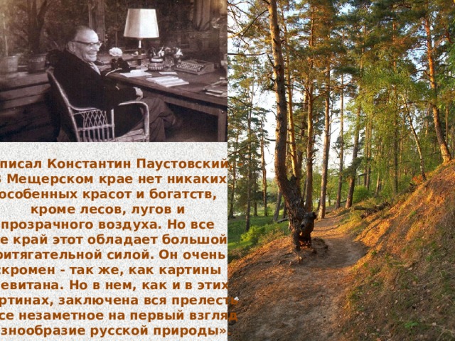Как писал Константин Паустовский, - «В Мещерском крае нет никаких особенных красот и богатств,  кроме лесов, лугов и прозрачного воздуха. Но все  же край этот обладает большой притягательной силой. Он очень скромен - так же, как картины  Левитана. Но в нем, как и в этих  картинах, заключена вся прелесть  и все незаметное на первый взгляд разнообразие русской природы». 