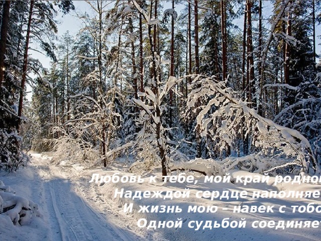 Любовь к тебе, мой край родной,  Надеждой сердце наполняет.  И жизнь мою – навек с тобой  Одной судьбой соединяет! 
