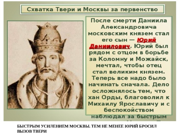 быстрым усилением Москвы. Тем не менее Юрий бросил вызов Твери 